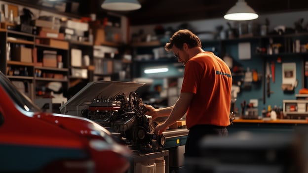 A mechanic works diligently on a car engine in a well-equipped garage during the late afternoon photo