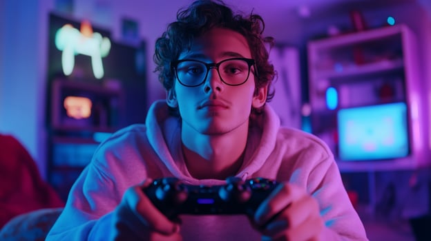 A young man plays games at night in a colorful, neon-lit room with modern decor and a gaming console in hand photo