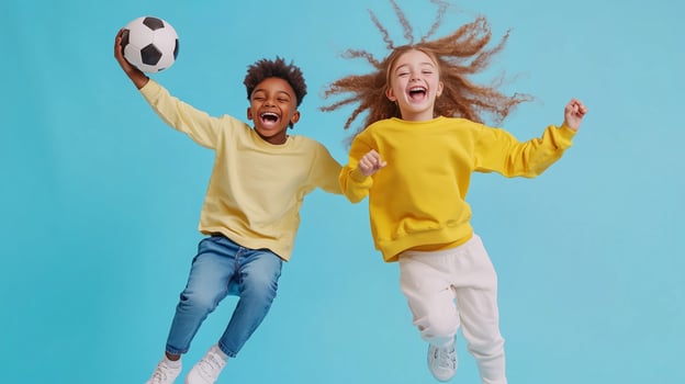 Kids having fun while jumping and playing with a soccer ball against a bright blue backdrop during a joyful moment of leisure photo
