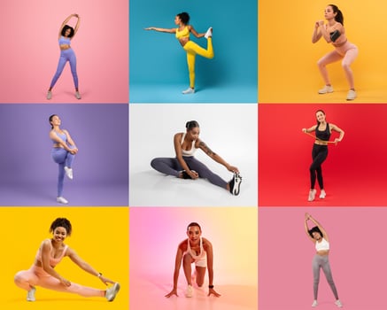 A diverse group of young women showcases different exercise routines, including stretching, dancing, and fitness moves, set against vibrant and colorful backgrounds. photo