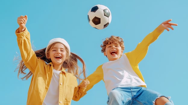 Two joyful children playing soccer under a clear blue sky during a sunny afternoon, capturing a moment of excitement and fun photo