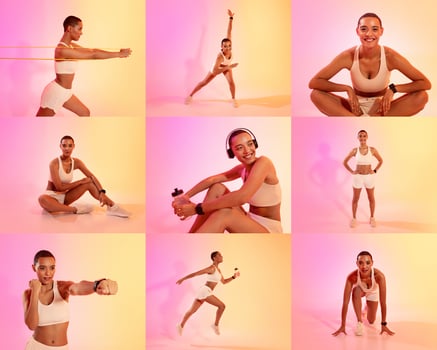 A fit African American woman showcases a variety of workout poses in a vibrant studio space. The colorful background highlights her agility and dedication to fitness through dynamic movements. photo