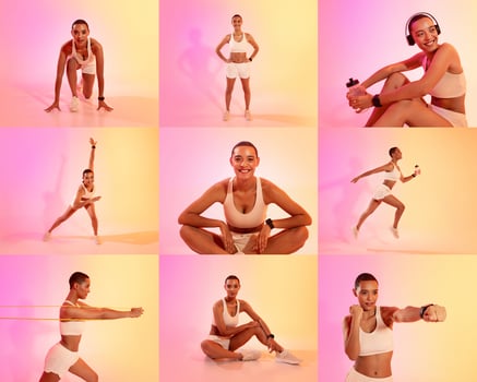 A dedicated black woman showcases diverse workout exercises including stretching, yoga, and strength training in a vibrant studio with a pink and orange backdrop, emphasizing a healthy lifestyle. photo