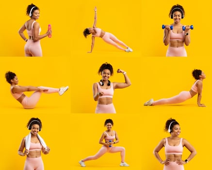 A fit black woman engages in various workout activities, showcasing strength and flexibility. She uses weights, performs stretches, and demonstrates her fitness routine in a lively yellow studio. photo