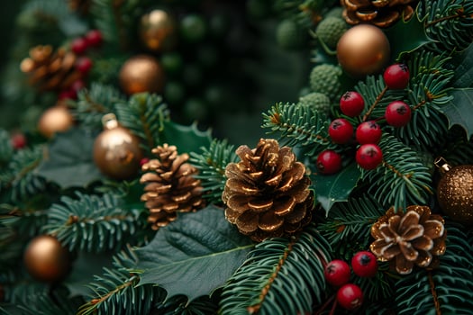 Festive Christmas Pine Wreath with Gold Pinecones and Red Berries for Holiday Decor photo