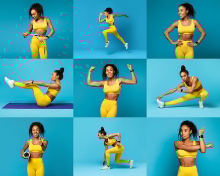 Black woman in a yellow workout outfit showcases different exercises including stretching, strength training, and cardio routines. She exudes energy and determination in her movements. photo