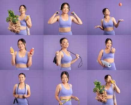 Asian woman participates in different health and fitness activities, such as juggling, weightlifting, and using resistance bands, all while smiling photo