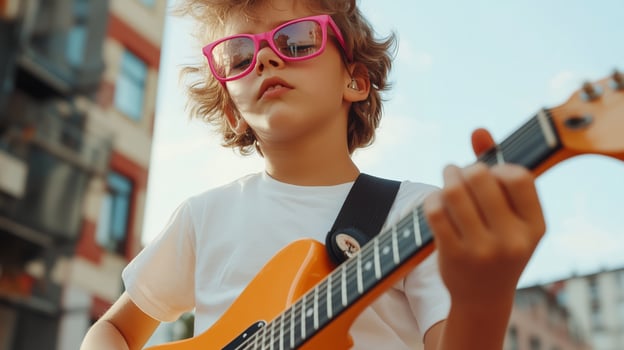 Young musician playing electric guitar on a sunny city street, showcasing talent and passion for music in the afternoon light photo