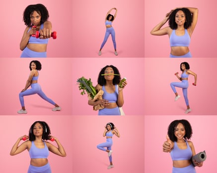 African American woman showcases her fitness journey through various poses, holding weights and nutritious foods. The vibrant pink background highlights her commitment to health and wellness. photo