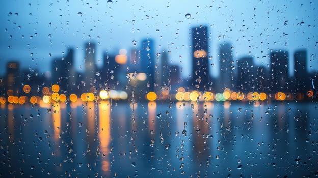 Rainy city nightscape viewed through a wet window. Concept of urban life, weather, atmosphere. photo
