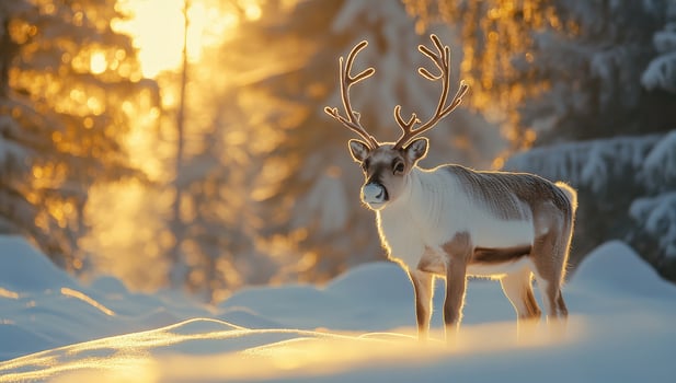 Reindeer in snowy winter forest at sunset. Christmas concept. photo