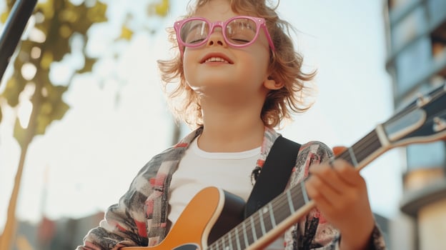 Young child performing with a guitar during sunset in an urban setting with bright sun and trees in the background photo