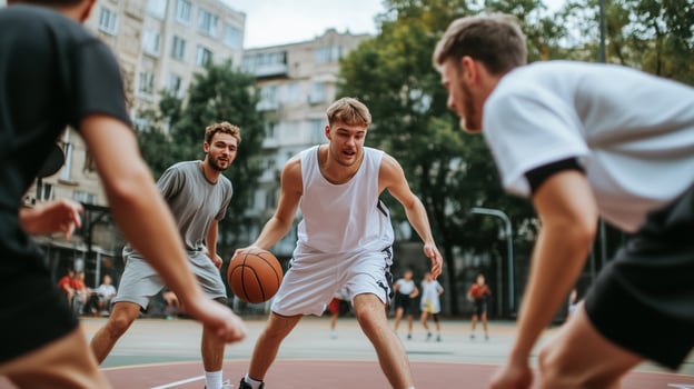 Men engage in an intense basketball game on an urban court during a sunny afternoon in the city photo