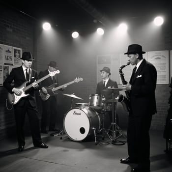 A blackandwhite image depicting a 1930sstyle jazz band performing in a smoky nightclub photo