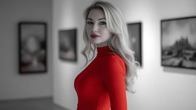 Elegant woman in a red dress poses confidently in an art gallery surrounded by black and white artwork photo