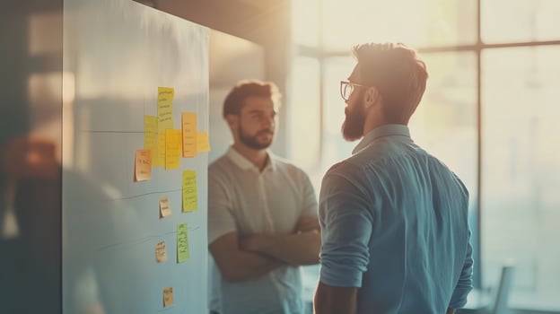 Two colleagues brainstorm ideas on a whiteboard with sticky notes in a bright office during the afternoon sunlight photo
