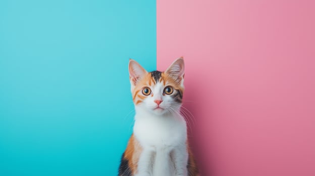 A calico cat sitting against a pastel blue and pink background, showcasing its vibrant fur colors and curious expression photo