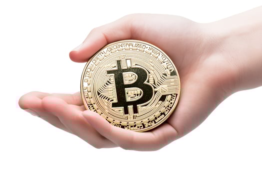 View of hand holding bitcoins on white background for advertisement photo