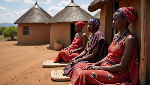 Group of Himba women in traditional clothing gathered outside huts in an African village Namibias Kunene region photo