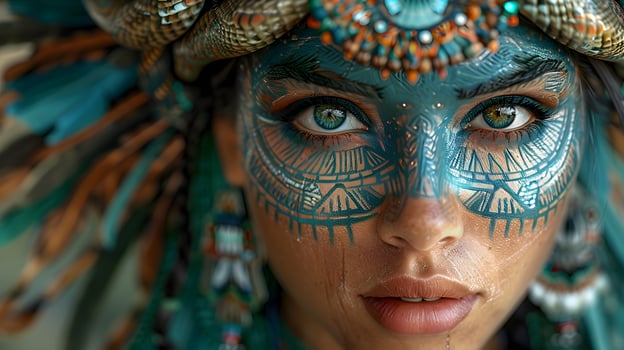 Closeup of a woman with a feathered headpiece and vibrant electric blue mask photo