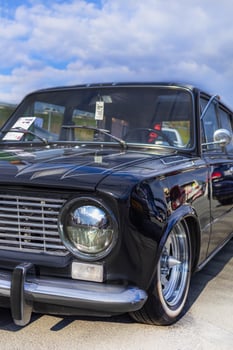 15.09.2024. Novosibirsk, Midday, Old Soviet black car at the exhibition, LADA Classic, Zhiguli 2102 vertical photo