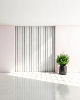 A white room with a large window and a potted plant photo