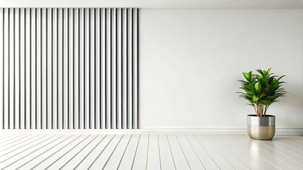 A white room with a potted plant and a wall photo