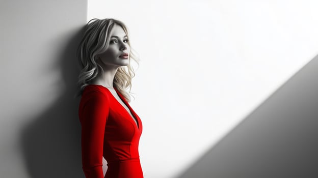 A woman in a red dress stands against a minimalist backdrop with dramatic shadows in a stylish urban setting photo