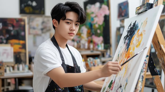 Young artist painting on canvas in a bright studio filled with colorful artworks and creative supplies photo