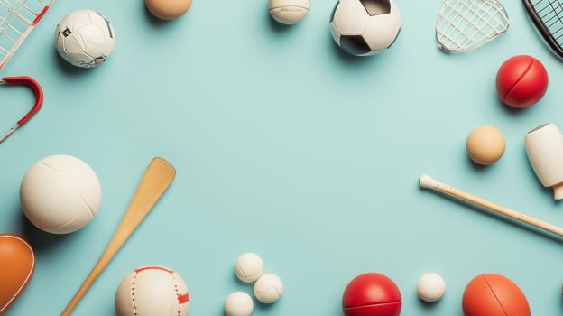 Variety of sports equipment arranged on a light blue background, showcasing different games and activities for athletic endeavors photo