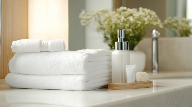 Luxurious bathroom setup featuring fluffy towels, skincare products, and a fresh floral arrangement for a relaxing spa experience photo
