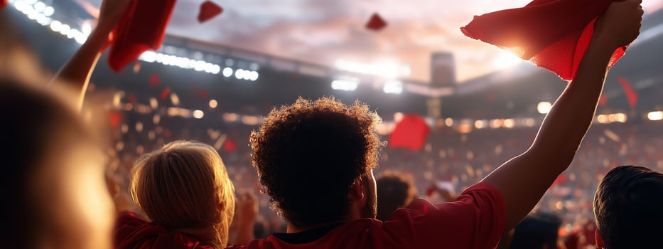 Excited fans cheer with red flags in a packed stadium during a thrilling sports event at sunset photo