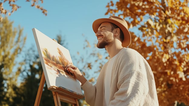 Joyful artist painting autumn landscape in a sunny park surrounded by vibrant orange leaves during a clear day photo