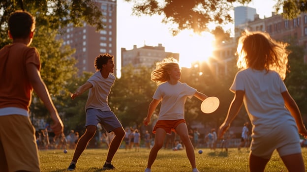 Kids playing frisbee in a sunlit urban park during the late afternoon with city buildings in the background photo
