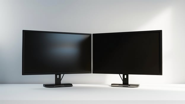 Computer monitors mockups in white studio. Modern electronics store goods with lcd displays template advertising image. Office and home devices screens mock up product photorealistic photo