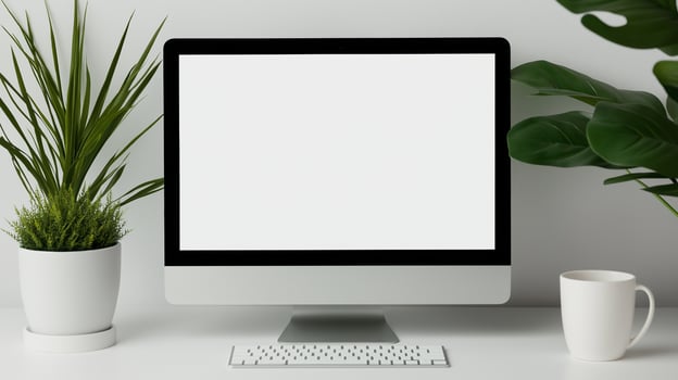 Minimal workplace with computer screen mockup. Houseplants and coffee cup near pc monitor template advertising image. Device screen mock up near white wall product photorealistic photo
