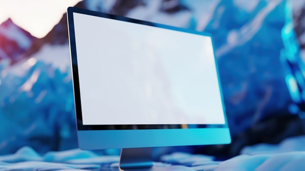Pc monitor mockup against snowy mountains. Modern computer equipment against winter rocks template advertising image. Nature and technology screen mock up product photorealistic photo