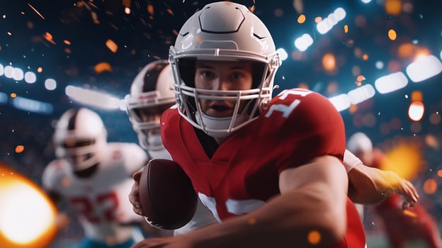 An intense moment of a quarterback evading defenders in a vibrant stadium during a thrilling football match photo