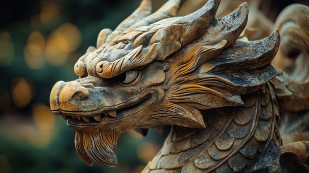 Fierce Stone Dragon with Piercing Eyes Emerging from the Shadows photo