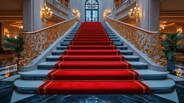 Luxurious Red Carpet on Marble Stairs in an Elegant Setting photo