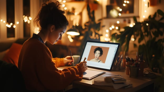 A person drawing at a well-lit desk at night, surrounded by cozy decor and warm lights, focusing on digital art creation photo
