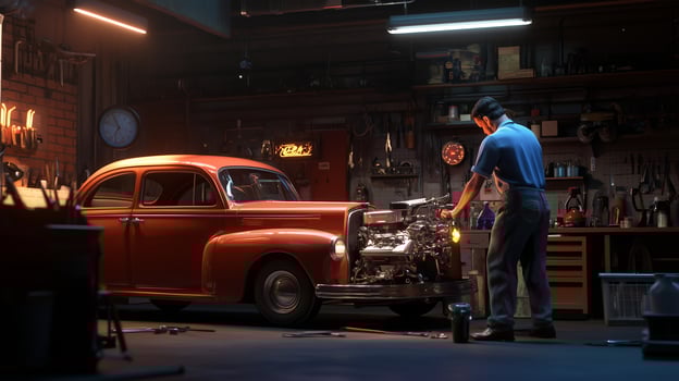 A mechanic performs maintenance on a classic orange car in a well-equipped garage during evening hours photo