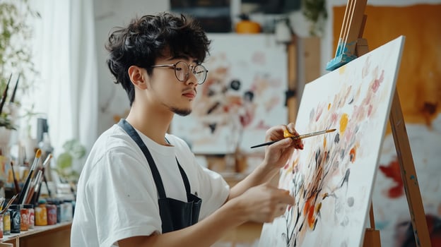 Young artist creating a vibrant floral painting in a cozy studio filled with art supplies during daytime photo