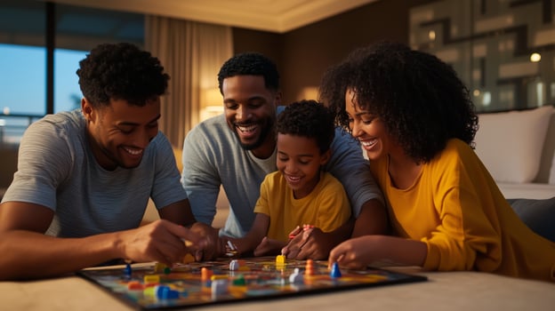 Family game night indoors with laughter and joy in a cozy living room during the evening hours photo