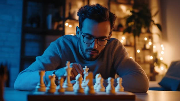 A thoughtful man playing chess alone in a cozy room illuminated by warm lights during the evening hours photo