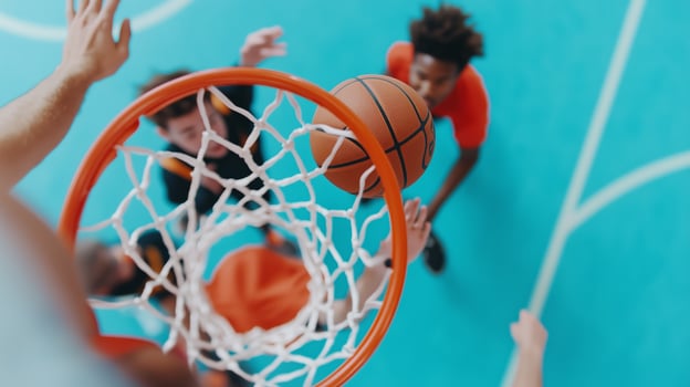Youth basketball players aiming for the hoop during a game in a brightly lit gymnasium photo