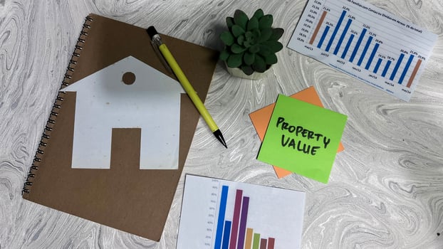 Concept of Property Value write on sticky notes isolated on Wooden Table. photo