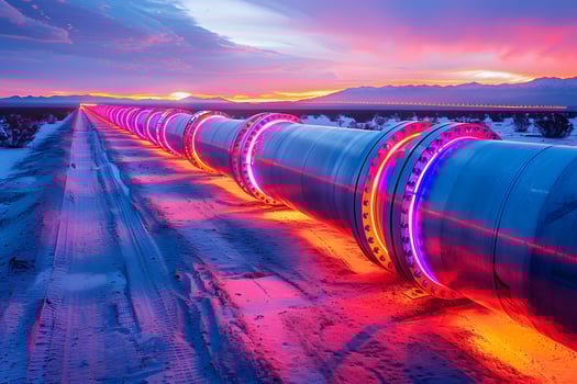 A long line of pipes with neon lights photo