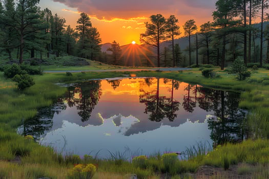 A sunset over a pond with trees and grass photo
