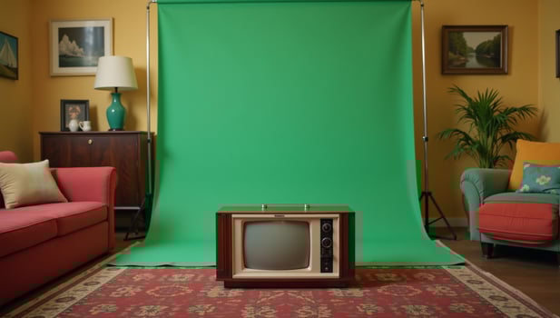 A vintage television set is featured against the backdrop of a cozy retro living room showcasing a vibrant green screen effect photo